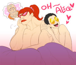 Rule 34 | 1girl, 2boys, aftersex, alice (superjail), bed, black hair, breasts, closed eyes, colored shades, gradient background, large breasts, lipstick, makeup, multiple boys, pink background, ponytail, quere, red hair, red lips, simple background, superjail, sweetcheeks (superjail), tooth gap, warden (superjail)