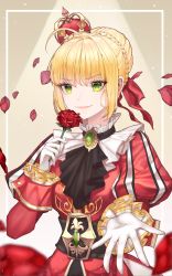 Rule 34 | 1girl, absurdres, ahoge, blonde hair, braid, braided bun, brooch, crown, crown braid, fate/extra, fate/grand order, fate (series), flower, gloves, green eyes, hair bun, hair ribbon, highres, holding, holding flower, huge filesize, jewelry, juliet sleeves, long sleeves, looking at viewer, nero claudius (fate), nero claudius (fate) (all), nero claudius (fate/extra), official alternate costume, outstretched hand, petals, puffy sleeves, red ribbon, ribbon, rose, s s zene, sidelocks, simple background, smile, solo, tilted headwear, white gloves