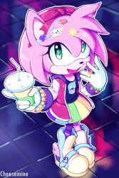 Rule 34 | 1girl, absurdres, alternate costume, amy rose, artist name, chao (sonic), character pin, cheesemine, cup, decora, eyelashes, flicky (character), flower pin, full body, furry, furry female, gloves, green eyes, hair ornament, heart, heart hair ornament, hero chao, highres, holding, holding cup, jacket, jewelry, looking at viewer, multicolored clothes, multicolored skirt, open clothes, open jacket, open mouth, reflective floor, ring, skirt, smile, solo, sonic (series), standing, star (symbol), white gloves