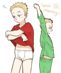 1boy bart_simpson blonde_hair blue_eyes chawako_(spchawanmushi) colored_skin day_and_night good_morning green_pajamas happy_sun highres humming male_underwear pajamas red_shirt shirt sun the_simpsons underwear undressing white_skin yawning