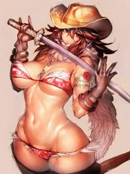 Rule 34 | 1girl, armlet, aya (oneechanbara), bikini, breasts, brown hair, cameltoe, commentary request, covered erect nipples, cowboy hat, curvy, fumio (rsqkr), groin, hat, highres, katana, large breasts, long hair, looking at viewer, navel, oneechanbara, pink background, red bikini, red eyes, solo, swimsuit, sword, very long hair, weapon, wide hips