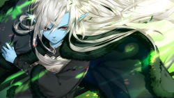 Rule 34 | 1boy, aqua skin, bishounen, commentary, day, english commentary, fantasy, fur-trimmed sleeves, fur trim, khirel, long hair, long sleeves, male focus, outdoors, pointy ears, red eyes, serious, silver trim, soccer spirits, solo, tooaya, upper body, v-shaped eyebrows, very long hair, wide sleeves, wind, wind lift