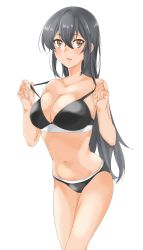 Rule 34 | 1girl, absurdres, black bra, black hair, black panties, bra, breasts, brown eyes, cleavage, commentary request, cowboy shot, highres, kantai collection, large breasts, long hair, maonatten, nagato (kancolle), panties, simple background, solo, strap pull, underwear, underwear only, white background