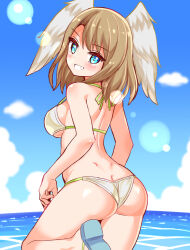 Rule 34 | 1girl, ass, bare shoulders, bikini, blue eyes, blush, breasts, brown hair, butt crack, cougar (cougar1404), eunie (xenoblade), from behind, grin, head wings, looking at viewer, medium breasts, medium hair, sideboob, smile, solo, swimsuit, water, wings, xenoblade chronicles (series), xenoblade chronicles 3