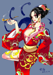 Rule 34 | 1girl, amazon warrior, black hair, blue eyes, boa hancock, breasts, cleavage, earrings, hair ornament, hair up, hebi utage, japanese clothes, jewelry, large breasts, leg lift, long hair, long sleeves, looking at viewer, one eye closed, one piece, snake, solo, tattoo, wink