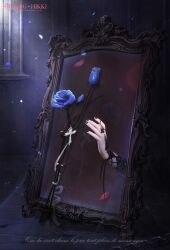 Rule 34 | blue flower, blue rose, commentary, copyright name, cross, dark, dated commentary, different reflection, english commentary, falling petals, flower, french text, highres, mirror, moonlight, nail polish, night, no humans, official art, petals, reflection, rose, rose petals, shining nikki, window