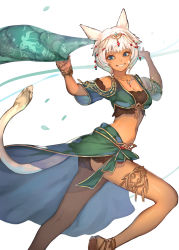 Rule 34 | 1girl, animal ears, anklet, blue eyes, bracelet, breasts, circlet, cleavage, collarbone, commentary request, dancer, dark-skinned female, dark skin, final fantasy, final fantasy xiv, gem, grin, hide (hideout), highres, jewelry, looking at viewer, medium breasts, midriff, miqo&#039;te, necklace, sandals, shawl, short hair, simple background, smile, solo, tail, thighlet, warrior of light (ff14), white hair
