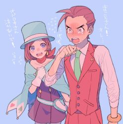 Rule 34 | 1boy, 1girl, ace attorney, antenna hair, apollo justice, black dress, blue background, blue cape, blue eyes, blue headwear, blush, bracelet, brown eyes, brown hair, cape, club (shape), collared shirt, crying, crying with eyes open, diamond earrings, dress, earrings, fanny pack, hat, jewelry, long sleeves, looking at another, necktie, open mouth, ouse (otussger), pants, red pants, red scarf, red vest, scarf, shirt, short hair, simple background, spade (shape), tears, top hat, trucy wright, vest, white shirt