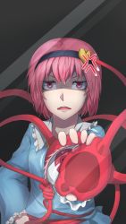 Rule 34 | 1girl, against glass, anger vein, angry, black background, blondy (ldlong), eyeball, fourth wall, hairband, hand on own hip, heart, highres, komeiji satori, looking at viewer, pink eyes, pink hair, short hair, simple background, solo, tearing up, third eye, touhou