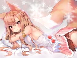 Rule 34 | &gt;:), 1girl, animal ears, armlet, artist name, player character (mabinogi), bare arms, bare shoulders, bed sheet, blush, breast press, breasts, character request, cheli (kso1564), closed mouth, fox ears, fox tail, kitsune, layered skirt, long hair, looking at viewer, looking to the side, mabinogi, medium breasts, orange hair, pillow, pink skirt, red eyes, shirt, sideboob, skirt, sleeveless, sleeveless shirt, snowflake background, tail, v-shaped eyebrows, very long hair, white shirt