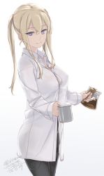 Rule 34 | 10s, 1girl, alternate costume, artist name, blonde hair, blue eyes, breasts, coffee pot, cup, dated, dress shirt, graf zeppelin (kancolle), grey eyes, hair between eyes, kantai collection, large breasts, light smile, looking at viewer, panties, panties under pantyhose, pantyhose, rokuwata tomoe, shirt, solo, twintails, twitter username, underwear