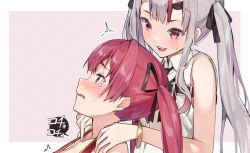 Rule 34 | 2girls, :d, blush, bracelet, grey hair, hair ornament, hair ribbon, hands on another&#039;s shoulders, highres, hololive, houshou marine, jewelry, koubou (cowbow kun), multicolored hair, multiple girls, nakiri ayame, nakiri ayame (streetwear), open mouth, red eyes, red hair, ribbon, smile, streaked hair, tearing up, twintails, virtual youtuber, x hair ornament