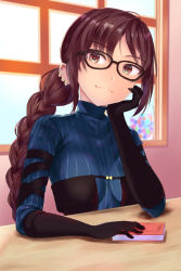 Rule 34 | 1girl, akihiro (tanosikuikouze), black dress, black gloves, blue bodysuit, bodysuit, bodysuit under clothes, book, braid, breasts, brown eyes, brown hair, commentary request, dress, earrings, elbow gloves, fate/grand order, fate (series), gloves, head rest, head tilt, jewelry, long braid, long hair, medium breasts, multiple earrings, nib pen (medium), single braid, smug, solo, striped, striped bodysuit, table, traditional media, upper body, vertical stripes, very long hair, window, yu mei-ren (fate), yu mei-ren (first ascension) (fate)