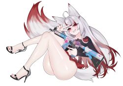 Rule 34 | 1girl, absurdres, animal ears, breasts, fox ears, fox girl, fox tail, highres, kitsune, large tail, long hair, looking at viewer, miniskirt, skirt, smile, solo, tail