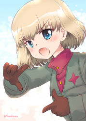Rule 34 | 1girl, black gloves, blonde hair, blue eyes, blue sky, bob cut, cloud, cloudy sky, day, fang, frown, girls und panzer, gloves, green jacket, index finger raised, insignia, jacket, katyusha (girls und panzer), leaning forward, long sleeves, looking at viewer, nakasawa kei, open mouth, outdoors, pravda school uniform, red shirt, school uniform, shirt, short hair, sky, solo, turtleneck, twitter username