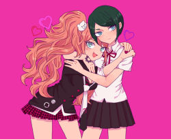 Rule 34 | 2girls, hug, arms around neck, bear hair ornament, black hair, black skirt, blonde hair, blue eyes, blush, bra, buttons, closed mouth, danganronpa: trigger happy havoc, danganronpa (series), enoshima junko, fake nails, fang, fingernails, freckles, hair ornament, hand on another&#039;s shoulder, hand tattoo, hand up, heart, hug, ikusaba mukuro, incest, leaning forward, leaning on person, leaning to the side, looking at viewer, multiple girls, mutual hug, nail polish, neck ribbon, necktie, open mouth, pink background, plaid, plaid skirt, red nails, ribbon, shirt, siblings, sisters, skirt, tattoo, tongue, twincest, twins, twintails, underwear, yuri