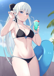 Rule 34 | 1girl, absurdres, alternate costume, bikini, black bikini, black bow, blue eyes, blue sky, bow, braid, breasts, cleavage, cloud, commentary, fate/grand order, fate (series), french braid, grey hair, hair bow, highres, holding, innertube, long hair, looking at viewer, medium breasts, morgan le fay (fate), natu zame, navel, outdoors, ponytail, sky, solo, stomach, sunlight, swim ring, swimsuit, very long hair, wet