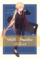 Rule 34 | 1girl, absurdres, black footwear, black gloves, black jacket, black pants, black suit, black vest, blazer, blonde hair, braid, business suit, character name, english text, formal, girls&#039; frontline, gloves, hair ornament, highres, holding case, jacket, long hair, looking at viewer, necktie, open clothes, open jacket, orange eyes, ots-14 (girls&#039; frontline), pants, red necktie, sakana-ko, shirt, shoes, simple background, solo, standing, suit, very long hair, vest, weapon case, white shirt