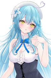 Rule 34 | 1girl, :o, absurdres, ahoge, bare shoulders, beret, black corset, blue bow, blue hair, blue nails, blush, bow, breasts, buttons, cleavage, cleavage cutout, clothing cutout, commentary, corset, flower, hair flower, hair ornament, hand up, hat, heart, heart ahoge, highres, hololive, large breasts, long hair, looking at viewer, open mouth, pointy ears, shirt, simple background, sleeveless, sleeveless shirt, solo, suineco, virtual youtuber, white background, white hat, white shirt, yellow eyes, yukihana lamy, yukihana lamy (1st costume)