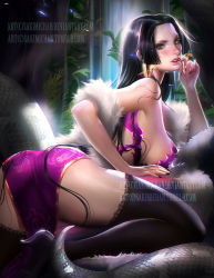 Rule 34 | 1girl, artist name, ass, bare shoulders, black hair, black thighhighs, blue eyes, blush, boa hancock, breasts, earrings, female focus, finger to mouth, from behind, jewelry, kneeling, large breasts, legs, looking at viewer, looking back, nail polish, one piece, plant, sakimichan, scales, sideboob, skull print, snake, snake earrings, snake tail, solo, spread legs, tail, thighhighs, water, watermark, web address, zettai ryouiki