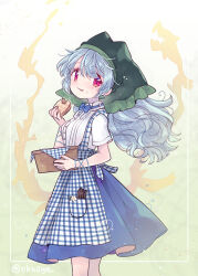 Rule 34 | 1girl, arm ribbon, biyon, blue hair, blue ribbon, blue skirt, bread, commentary, eating, feet out of frame, flower, food, food on face, green headwear, haniyasushin keiki, head scarf, holding, holding food, kobeya uniform, long hair, red eyes, ribbon, shirt, short sleeves, skirt, solo, suspenders, symbol-only commentary, tongue, tongue out, touhou, twitter username, white flower, white shirt