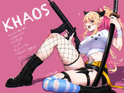 Rule 34 | 1girl, absurdres, black footwear, blonde hair, blue eyes, boots, breasts, fishnet thighhighs, fishnets, gun, highres, holding, holding gun, holding sword, holding weapon, katana, large breasts, long hair, looking at viewer, midriff, multicolored hair, navel, original, pink background, pink hair, ponytail, shirt, smile, solo, striped clothes, striped thighhighs, sword, thighhighs, thighs, two-tone hair, uchujin 416, very long hair, weapon, white shirt