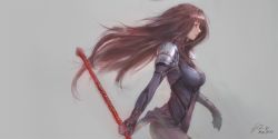 Rule 34 | 1girl, bodysuit, breasts, brown hair, fate/grand order, fate (series), floating hair, from side, grey background, highres, holding, holding weapon, long hair, medium breasts, polearm, raikoart, red eyes, scathach (fate), scathach (fate), simple background, solo, spear, standing, very long hair, weapon