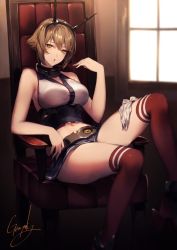 Rule 34 | 1girl, bare shoulders, belt, blush, breasts, brown hair, chair, collar, day, elbow rest, fanning face, genyaky, gloves, unworn gloves, green eyes, headgear, indoors, kantai collection, knee up, large breasts, looking at viewer, midriff, mutsu (kancolle), navel, open mouth, short hair, sidelocks, signature, sitting, skirt, sleeveless, solo, stomach, thighhighs, thighs, underbust, window