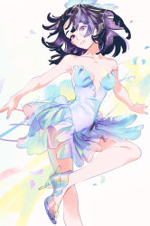 Rule 34 | 1girl, aqua nails, black hair, blue dress, blue footwear, breasts, breasts apart, collarbone, dress, eyelashes, high heels, highres, knees, leg up, legs, light smile, looking at viewer, nail polish, original, outstretched arms, parted lips, purple eyes, small breasts, solo, spread arms, standing, standing on one leg, umishima senbon