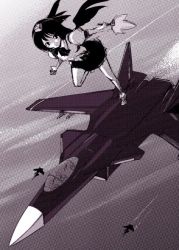 Rule 34 | 1girl, ace combat, aircraft, airplane, cofepig, contrail, female focus, fighter jet, halftone, hat, jet, looking at viewer, looking away, military, military vehicle, moire, monochrome, purple theme, shameimaru aya, skirt, smile, solo, touhou, vehicle focus, wings
