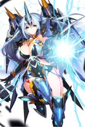 Rule 34 | 1girl, armpits, black gloves, blue eyes, breasts, cleavage, elbow gloves, electricity, gloves, highres, hildegard (soccer spirits), horns, large breasts, leotard, long hair, looking at viewer, mecha musume, silver hair, single horn, snowball22, soccer spirits, solo, thighhighs, transparent background