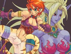 Rule 34 | 2girls, abs, animal ears, bandages, belly, blonde hair, blue skin, bottomless, breasts, breath of fire, breath of fire ii, capcom, cat ears, cat tail, colored skin, covered erect nipples, dual persona, fur, gloves, green eyes, jewelry, large breasts, medium breasts, multiple girls, muscular, navel, necklace, nude, red eyes, red hair, rinpoo chuan, staff, tail, torashiro eiji