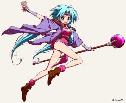 Rule 34 | 1girl, aqua hair, ass, bare legs, blue gloves, breasts, brown footwear, card, circlet, cleavage, dress, fingerless gloves, full body, gloves, hair over shoulder, haou taikei ryuu knight, holding, holding staff, jacket, legs, long hair, medium breasts, messy hair, open mouth, paffy pafuricia, panties, parted bangs, pink dress, pink socks, purple eyes, purple jacket, shirono, shoes, simple background, socks, solo, staff, twintails, twitter username, underwear, white background, white panties