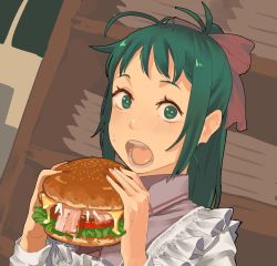 Rule 34 | 1girl, absurdres, aima imoko0327, antenna hair, apron, blush, burger, food, green eyes, green hair, highres, holding, holding food, irako (kancolle), kantai collection, kappougi, long hair, long sleeves, necktie, open mouth, ponytail, solo, sweat, upper body