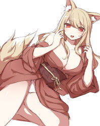 Rule 34 | 1girl, animal ears, blonde hair, breasts, cleavage, female focus, fox ears, fox tail, highres, japanese clothes, kimono, large breasts, looking at viewer, lying, obi, off shoulder, on side, open clothes, open kimono, open mouth, original, panties, pantyshot, red eyes, sash, smile, solo, tail, underwear, upskirt, white panties, zenn