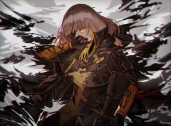 Rule 34 | 1girl, assault rifle, blonde hair, braid, cloak, corruption, covering own mouth, eyepatch, floating hair, girls&#039; frontline, gloves, gun, hand up, holding, holding gun, holding weapon, jacket, long hair, m16, m16a1, m16a1 (boss) (girls&#039; frontline), m16a1 (girls&#039; frontline), mole, mole under eye, multicolored hair, necktie, rifle, sangvis ferri, scar, shirt, silence girl, single braid, solo, spoilers, streaked hair, torn clothes, weapon, white hair, wind, wind lift