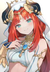 Rule 34 | 1girl, aqua eyes, aqua nails, blue gemstone, blush, breasts, brooch, circlet, commentary request, crop top, detached sleeves, fake horns, gem, genshin impact, gold trim, gradient background, hand up, harem outfit, head tilt, highres, horns, jewelry, long hair, long sleeves, looking at viewer, medium breasts, nail polish, neck ring, nilou (genshin impact), puffy long sleeves, puffy sleeves, red hair, sidelocks, smile, solo, twintails, tym taro, veil, white headdress, white headwear, white veil