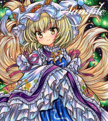 Rule 34 | 1girl, animal hat, blonde hair, blue tabard, closed mouth, dress, embellished costume, floral print, fox tail, frilled dress, frills, hat, long sleeves, looking at viewer, marker (medium), medium hair, multiple tails, neck ribbon, ofuda, ofuda on clothes, own hands together, purple ribbon, ribbon, rui (sugar3), sample watermark, sleeves past fingers, sleeves past wrists, smile, solo, tabard, tail, tassel, touhou, traditional media, upper body, watermark, white dress, white hat, wide sleeves, yakumo ran, yellow eyes