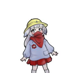 Rule 34 | 1girl, bandana, bandana over mouth, blunt bangs, blush, child, covered mouth, grey eyes, grey hair, hat, huyusaki taiga, kindergarten uniform, kneehighs, lobotomy corporation, long hair, personification, pleated skirt, project moon, punishing bird, school hat, short eyebrows, skirt, socks, solo, thick eyebrows, two side up, v-shaped eyebrows