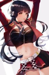 Rule 34 | 1girl, 4 luxury (idolmaster), :p, arms up, belt, black choker, black gloves, black shorts, blue hair, blush, breasts, brown eyes, bustier, checkered clothes, checkered skirt, choker, crop top, cropped jacket, gloves, highres, idolmaster, idolmaster million live!, jacket, kitakami reika, long hair, looking at viewer, low twintails, medium breasts, midriff, mikazuki mika, miniskirt, navel, open clothes, open jacket, pleated skirt, race queen, red jacket, red skirt, short shorts, shorts, skirt, smile, solo, tongue, tongue out, twintails, white belt, zipper, zipper pull tab