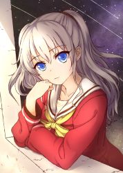 Rule 34 | 10s, 1girl, blue eyes, charlotte (anime), long hair, ruka (naritayuzu), school uniform, serafuku, silver hair, tomori nao, two side up