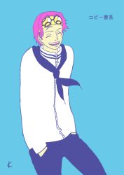 Rule 34 | 1boy, blue background, closed eyes, koby (one piece), eyewear on head, glasses, hands in pockets, headband, male focus, military, military uniform, one piece, pink hair, scar, smile, solo, standing, uniform