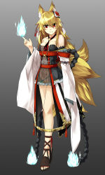 Rule 34 | 1girl, animal ears, bare legs, bare shoulders, blonde hair, blue fire, collarbone, fire, fire, fox ears, fox tail, hair ornament, highres, hitodama, kitsune, kyuubi, long hair, looking at viewer, multiple tails, necktie, open mouth, original, pyrokinesis, red eyes, sandals, smile, solo, tail, takanashie