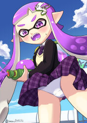 Rule 34 | 1girl, absurdres, black jacket, blazer, cloud, domino mask, fangs, gluteal fold, hair ornament, hairclip, highres, inkling, inkling girl, inkling player character, jacket, legs apart, long hair, mano (mix103), mask, necktie, nintendo, open mouth, outdoors, panties, pantyshot, plaid, plaid skirt, pointy ears, purple eyes, purple hair, purple necktie, purple skirt, school uniform, shirt, skirt, sky, solo, splatoon (series), suction cups, sweater, tentacle hair, thighs, underwear, weapon, white panties, white shirt, wind, wind lift, yellow sweater