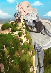 Rule 34 | 1girl, absurdres, armor, armored boots, armored dress, artist request, aug (girls&#039; frontline), aug (requiem array) (girls&#039; frontline), blonde hair, blue sky, boots, breastplate, cliff, cloud, commentary, commission, gauntlets, giant, giantess, girls&#039; frontline, highres, light particles, long hair, official alternate costume, sky, yellow eyes
