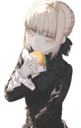 Rule 34 | 1girl, artoria pendragon (all), artoria pendragon (fate), bad id, bad pixiv id, black bow, black panties, blonde hair, blush, bow, braid, burger, crown braid, fate/grand order, fate/stay night, fate (series), food, fov ps, hair bow, hair bun, holding, holding food, layered sleeves, looking at viewer, panties, saber alter, single hair bun, smile, solo, underwear, upper body, white background, wide sleeves, yellow eyes