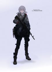 Rule 34 | 1girl, ak-12, assault rifle, blue eyes, boots, character sheet, combat boots, full body, grey hair, gun, gun sling, highres, kalashnikov rifle, laser sight, miv4t, original, rifle, scope, short hair, simple background, solo, tom clancy&#039;s the division, weapon
