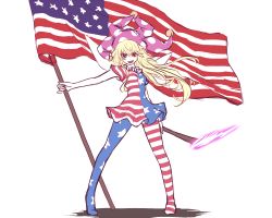 Rule 34 | 1girl, american flag, american flag dress, american flag legwear, american flag shirt, blonde hair, clownpiece, fairy wings, flag, hat, jester cap, long hair, looking at viewer, miata (miata8674), open mouth, pantyhose, pink eyes, smile, solo, torch, touhou, very long hair, wings