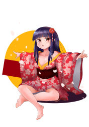 Rule 34 | 1girl, absurdres, arms up, bad id, bad pixiv id, barefoot, black hair, breasts, brown eyes, commentary request, crossed legs, flower, hair flower, hair ornament, highres, japanese clothes, kimono, koizumike, long hair, obi, off shoulder, original, outstretched arms, print kimono, sash, sitting, small breasts, solo, toes