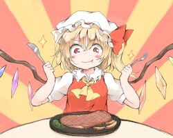 Rule 34 | 1girl, arms up, ascot, blonde hair, blush stickers, bow, closed mouth, crystal, dot nose, drooling, eating, flandre scarlet, food, fork, frilled shirt collar, frills, hair between eyes, hands up, hat, hat bow, hatching (texture), holding, holding fork, holding knife, knife, linear hatching, long hair, meal, meat, mob cap, nanana (chicken union), narrowed eyes, one side up, puffy short sleeves, puffy sleeves, red background, red bow, red eyes, red vest, saliva, short sleeves, solo, sparkle, steak, straight-on, sunburst, sunburst background, table, touhou, two-tone background, upper body, v-shaped eyebrows, vest, w arms, wavy mouth, white hat, wings, yellow ascot, yellow background